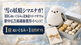 雪の妖精シマエナガ！BIGぬいぐるみ＆北海道スイーツギフト＆駅中広告掲載権獲得イベント！