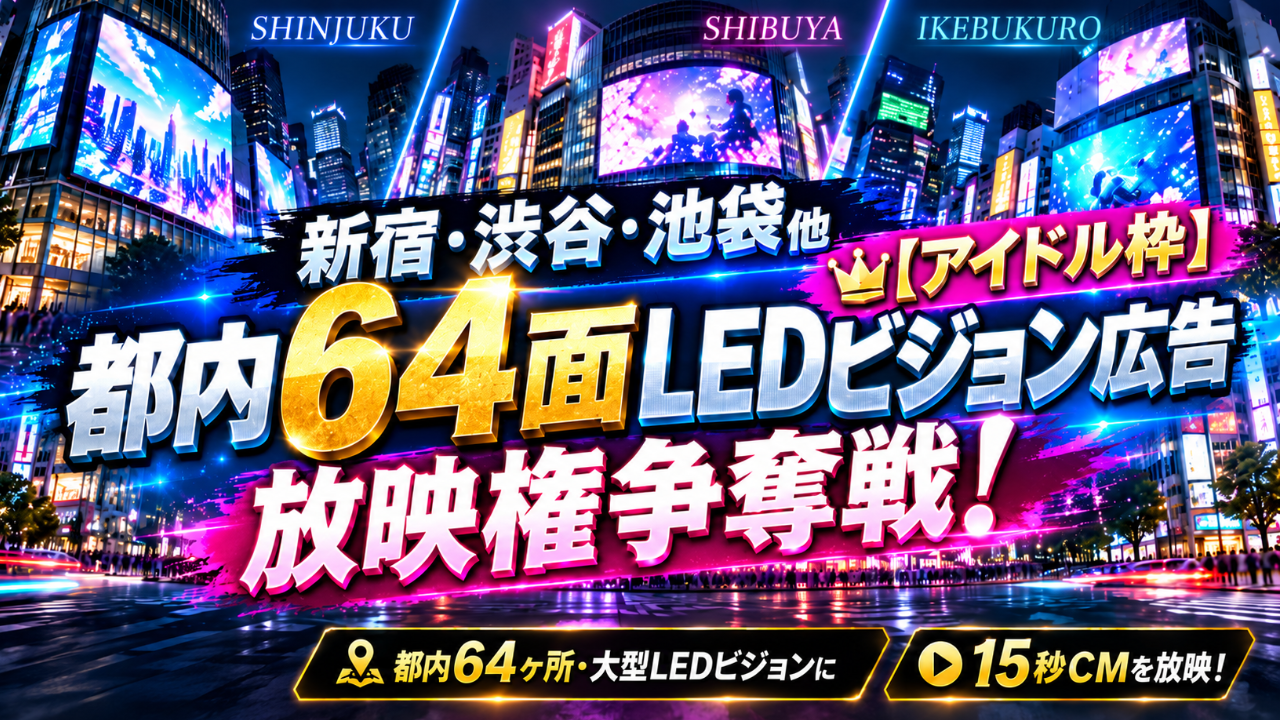 【アイドル枠限定】新宿・渋谷・池袋他都内64面LEDビジョン広告放映権争奪戦!