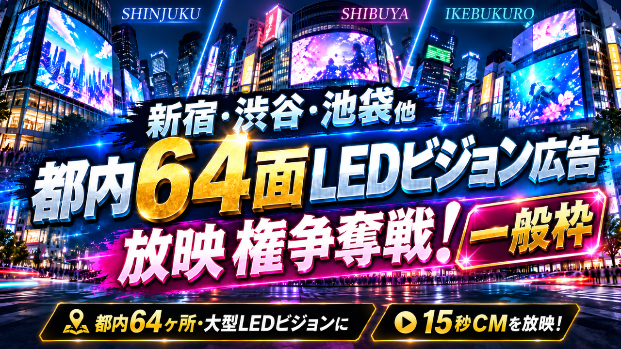 【一般枠】新宿・渋谷・池袋他都内64面LEDビジョン広告放映権争奪戦！